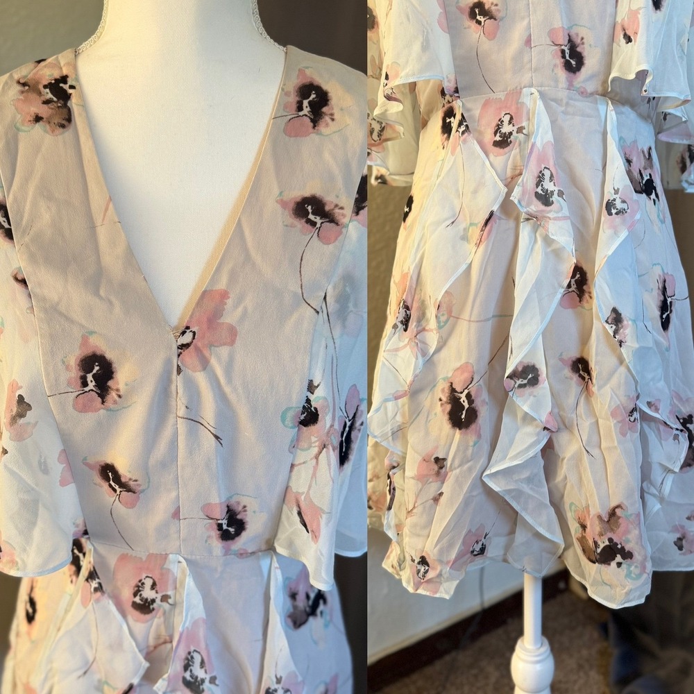 BCBGMAXAZRIA Mabel Floral Silk Dress Flutter Sleeve Ruffle V-Neck 6 - Picture 8 of 13